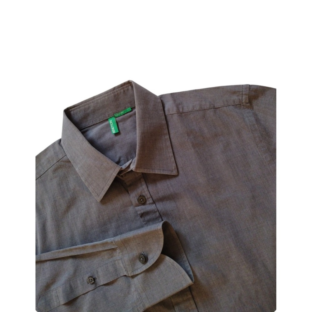 BENETTON BUTTON-UP SHIRT Man's L‎ GREY LONG SLEEVE 100% COTTON Casual Office